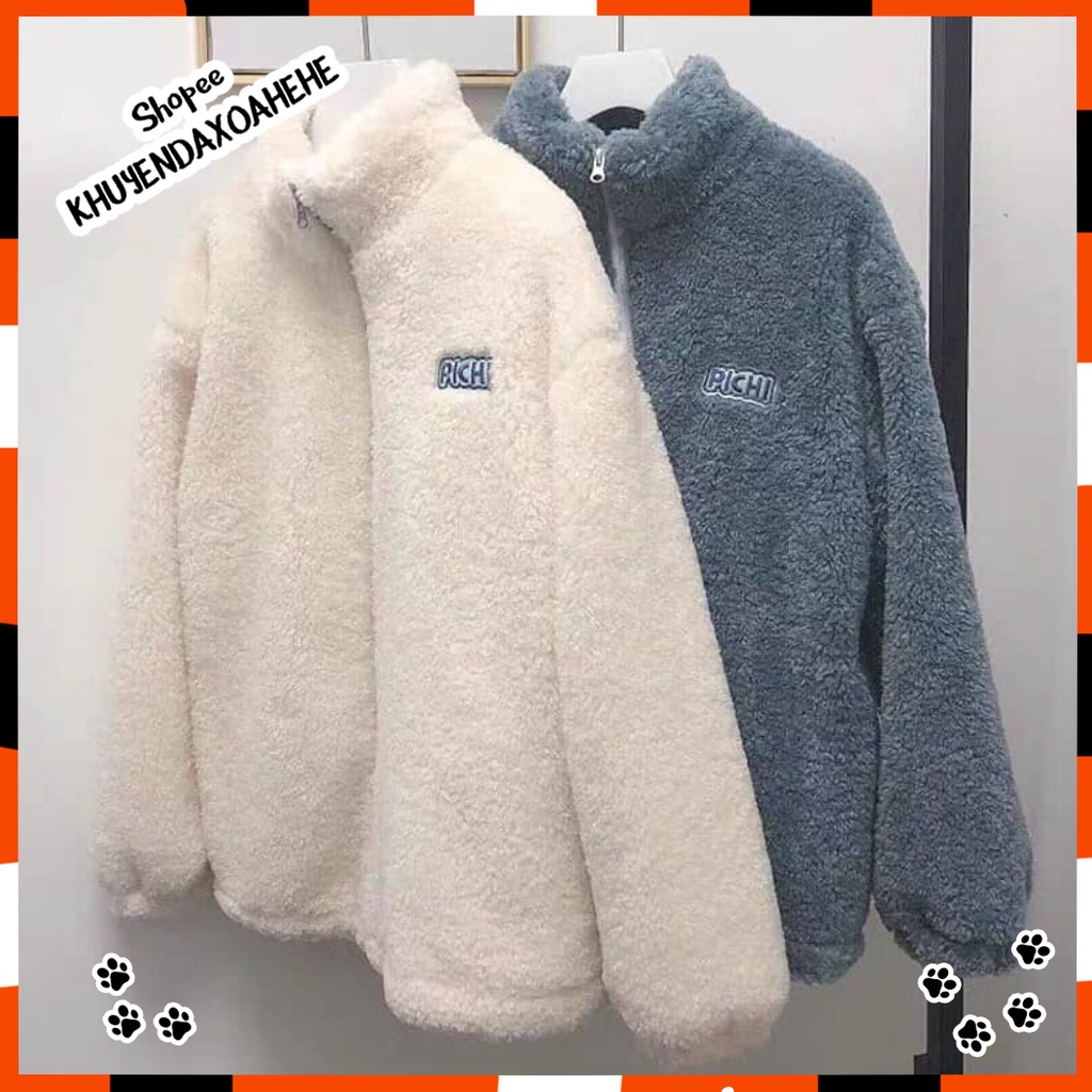 AK007 Áo khoác lông cừu cổ cao tay bồng dáng babydoll cute, Áo lông mùa đông dáng rộng khóa kéo BBD dễ thương