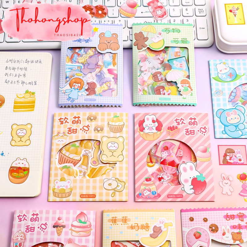 Túi 45 hình sticker dán cao cấp cô bé và bữa ăn không thâm nước