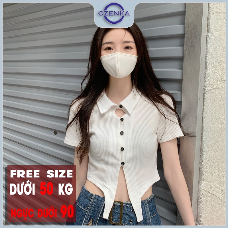 Áo croptop cổ bẻ tay ngắn ôm nữ OZENKA , áo crt roptop kiểu hàn quốc body cài khuy mặc đi học đi chơi  đen trắng