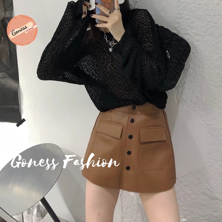 Quần giả váy da Goness dáng chữ a ngắn phối khuy thiết kế túi trước hai màu đen nâu thời trang QD112