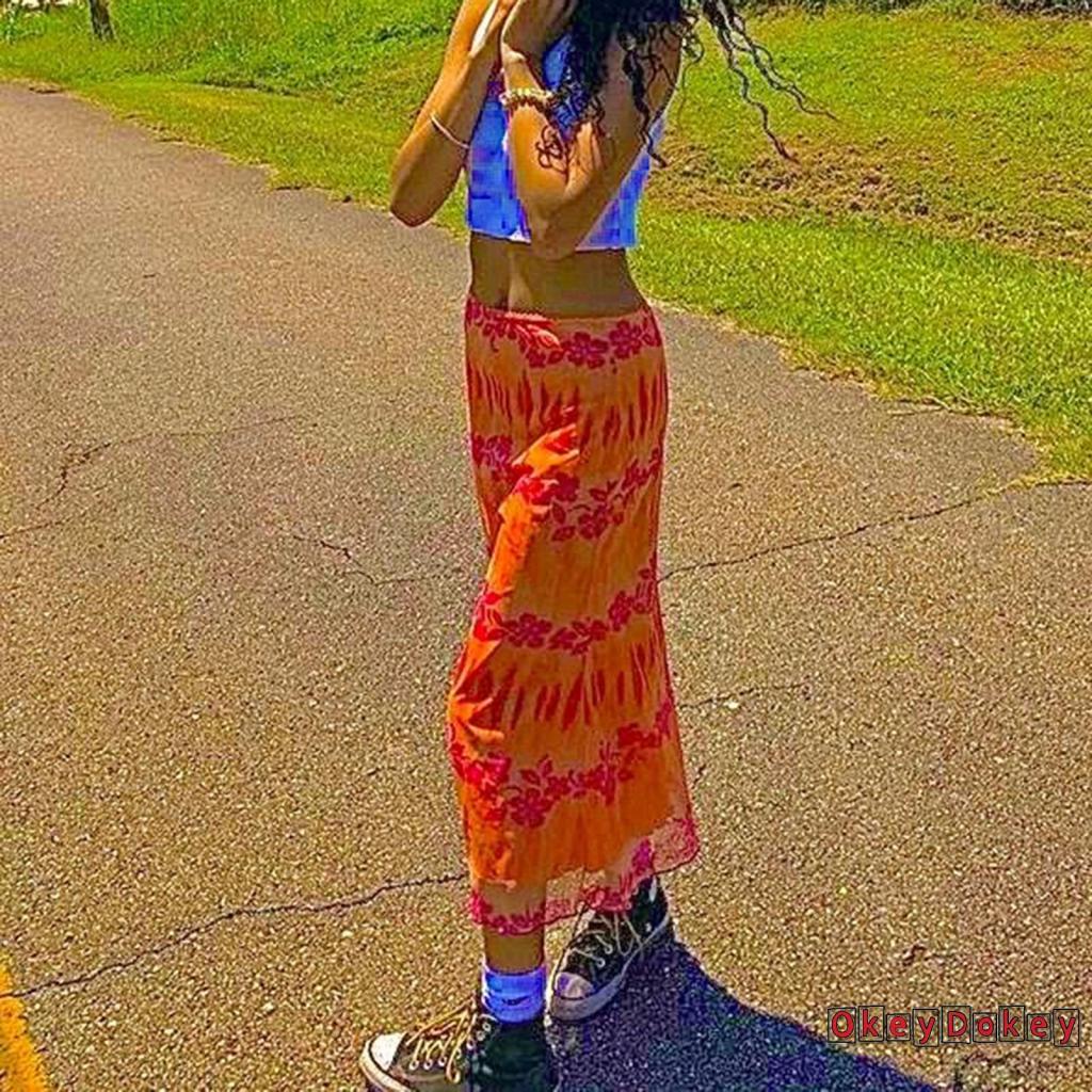 OKDK-Women y2k Skirt with Floral Print Bright Colors Bohemian Style Beach Clothing