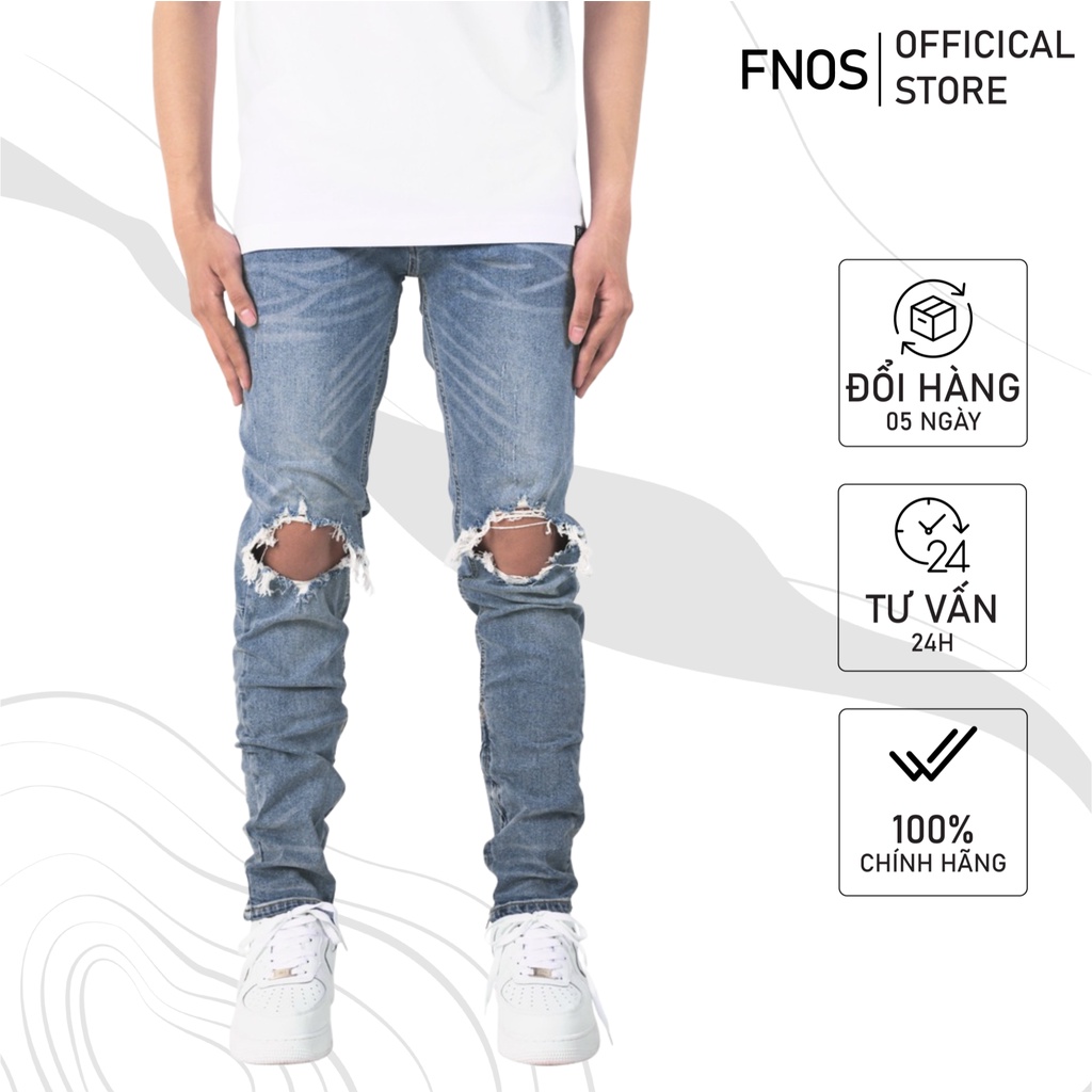 Quần Skinny Jeans Nam FNOS Streetwear Màu Xanh Rách Gối Có Zip Z28 - Local Brand Chính Hãng
