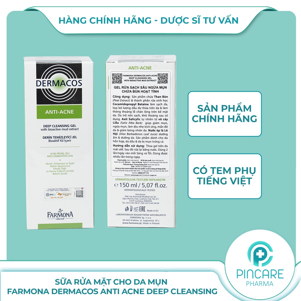 Sữa rửa mặt Dermacos cho da dầu mụn, Dermacos Farmona  Anti Acne Deep Cleansing Gel 150ml - Nhà thuốc PinCare