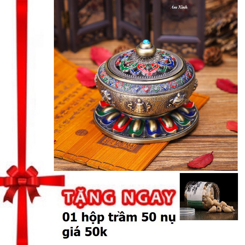 Lư Hương Xông Trầm Bằng Chất Liệu Hợp Kim Đồng Thân Khắc Hình Bát Bảo Cát Tường May Mắn