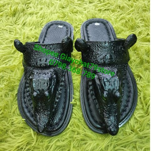 Dép Da Cá Sấu Handmade Nguyên Con Black , Dép Nam
