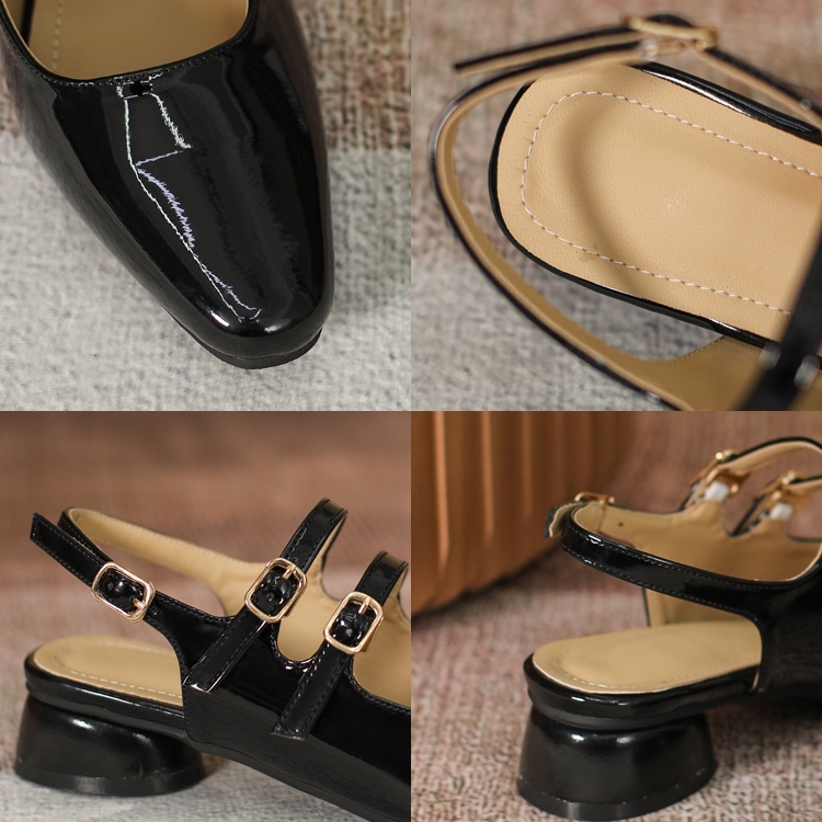 Xăng đan Mary Jane Gót Dày Bằng Da Một Hàng Nút Màu Trơn Đơn Giản Thời Trang Cho Nữ Size 34-40