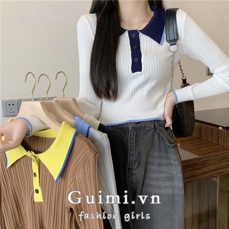 Áo Thun Tay Dài Cổ Polo Phối Màu Tương Phản Thời Trang Cho Nữ