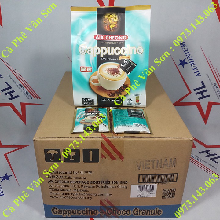 Thùng Cà phê Cappuccino Aik Cheong 20 bịch 306g (12 gói * 25g) kèm gói Caocao nhỏ 0.5g