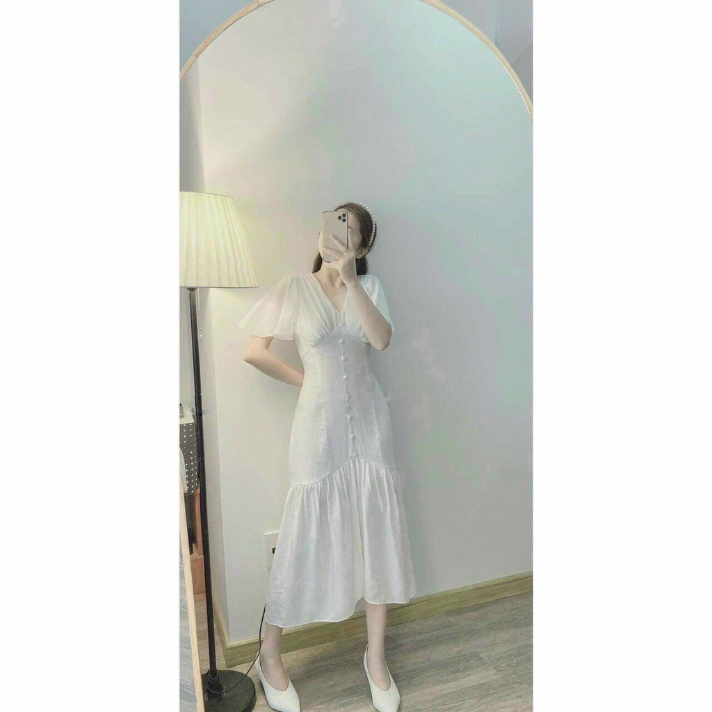 VÁY TRẮNG ĐI BIỂN CỔ TIM LINEN TAY TIÊN NÚT BỌC ĐUÔI CÁ – GD219