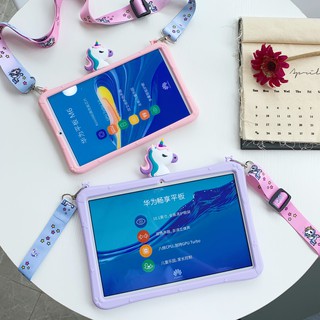 For Huawei Mediapad T5 10.1"/M5 Lite 8" Lite 10.1"/M6 8.4" 10.8"/MatePad Pro 10.8"/MatePad 10.4"（BAH3-AL00 / W09）Rainbow Unicorn Cute Cartoon Silicone Kids Case Cover Stand Shoulder Strap