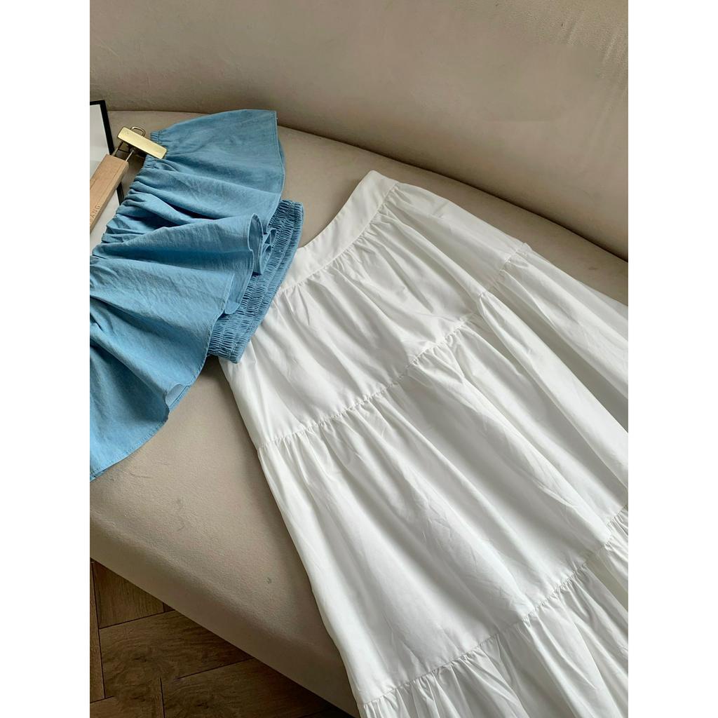 Set áo trễ vai croptop xanh BIGSIZE mix chân váy xòe trắng bánh bèo đi du lịch Venusa Store
