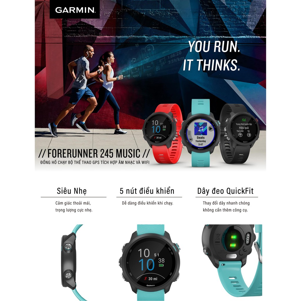 Vòng đeo tay theo dõi sức khỏe Garmin Forerunner 245 Music - Hàng Chính Hãng