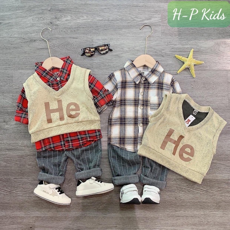 Set bộ sơ mi thô cho bé trai kèm áo gile dễ thương cho bé 8-21kg mã QATEA145