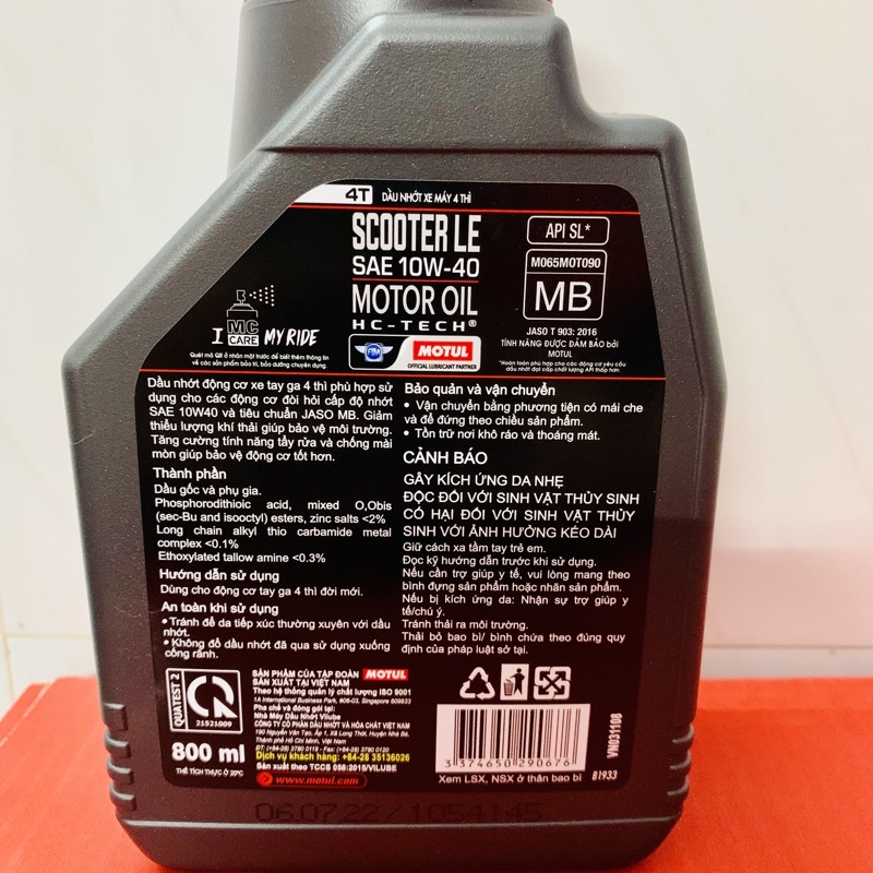 Nhớt Xe Tay Ga Motul Scooter Le 4T 10W-40 800ML - Sản Phẩm Của Motul Việt Nam