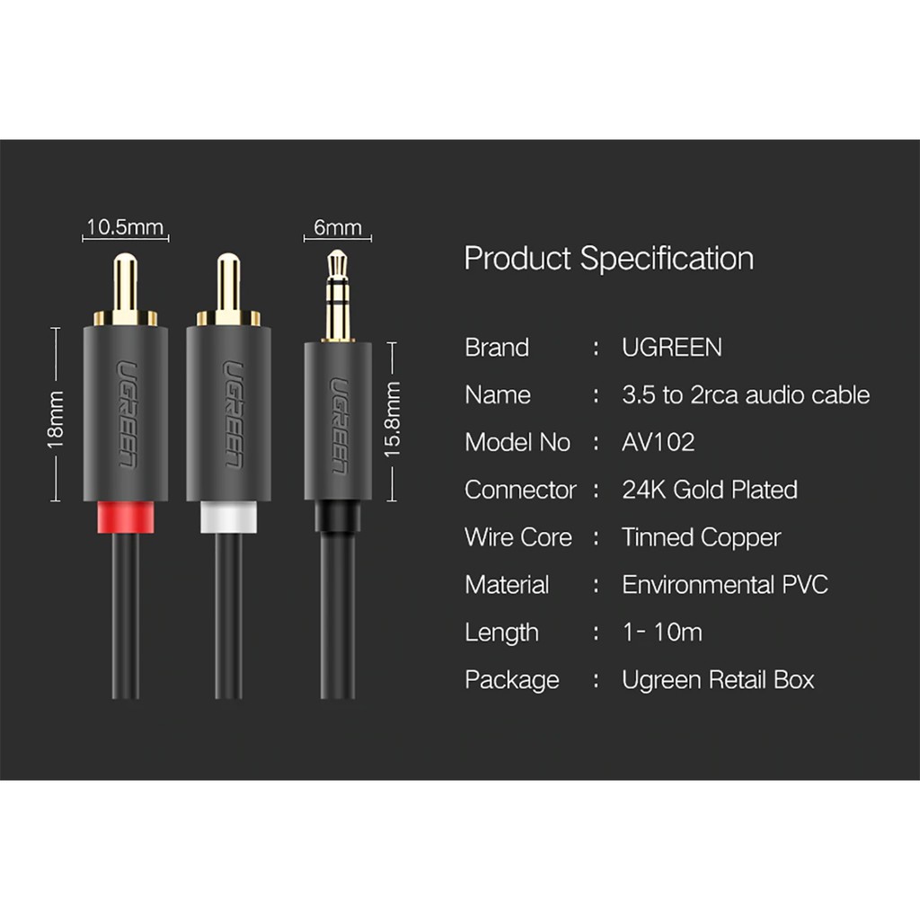 Cáp Audio 3.5mm ra 2 Đầu Hoa Sen Chính Hãng UGREEN AV102 Cao Cấp