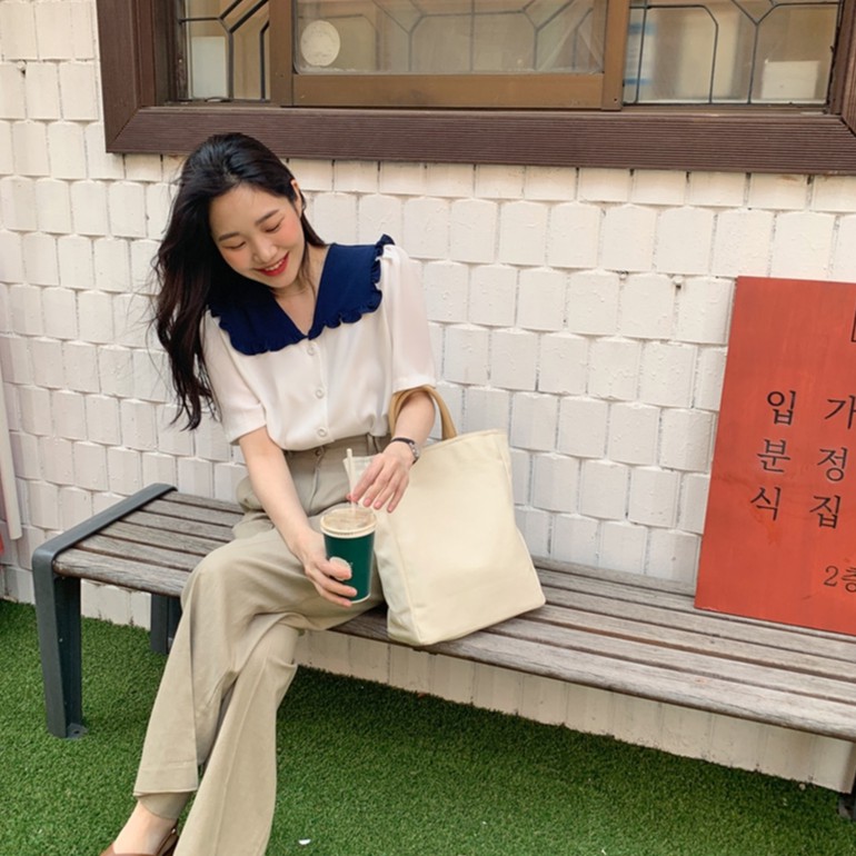 Áo kiểu tay ngắn cổ chữ V phong cách thanh lịch cho nữ 34249