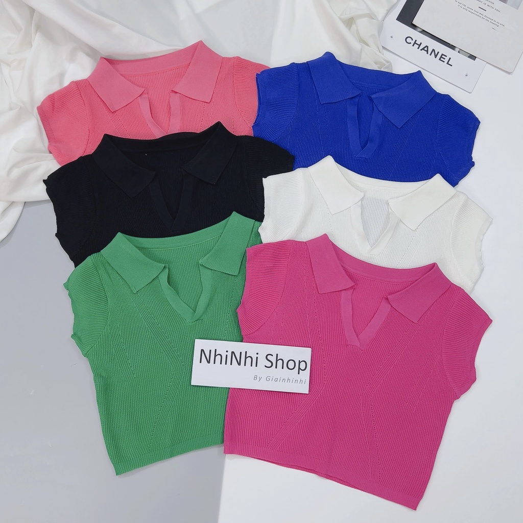 Áo len mỏng xương cá cộc tay dáng ôm croptop, Áo kiểu cổ bẻ len co giãn AL6565 - NhiNhi Shop