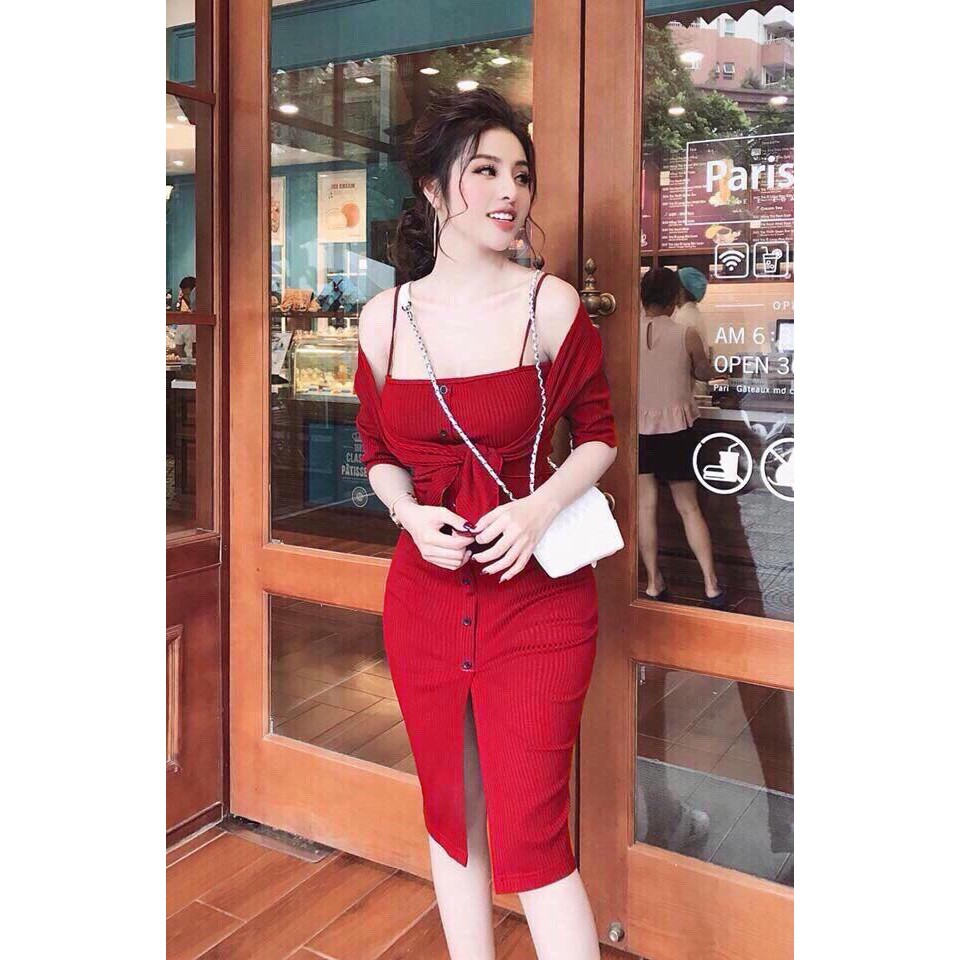 [HÌNH THẬT] đầm body len gân kèm áo khoác hàng xuất khẩu