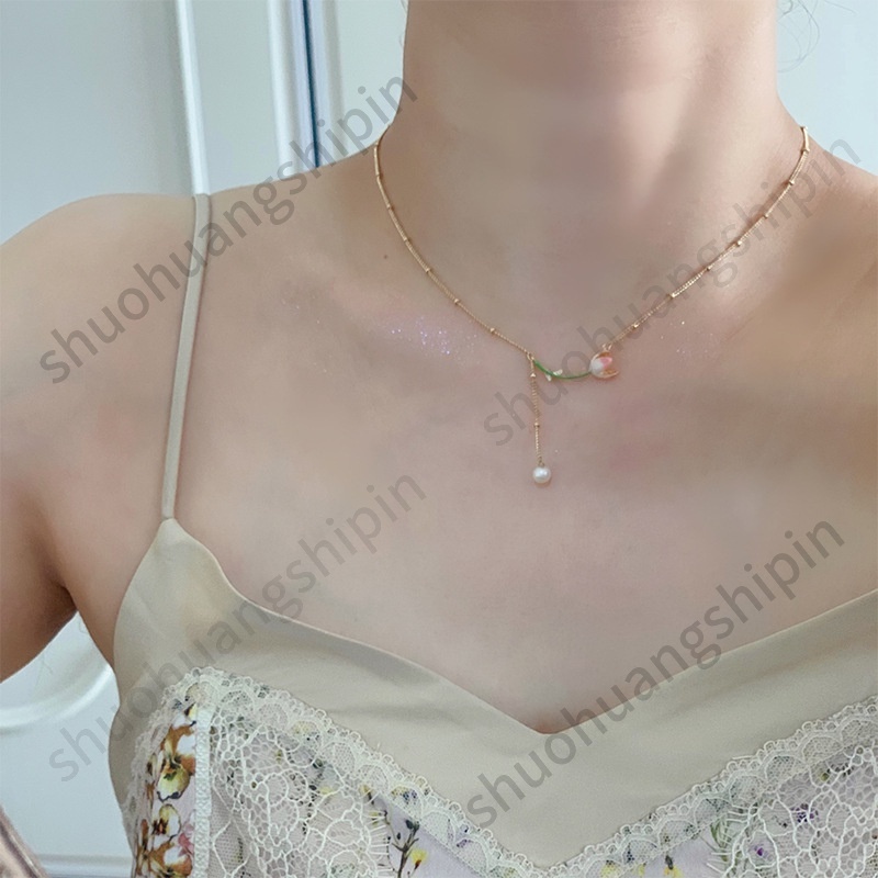 Dây Chuyền Mặt Hoa Tulip Đính Ngọc Trai Nhân Tạo Thanh Lịch