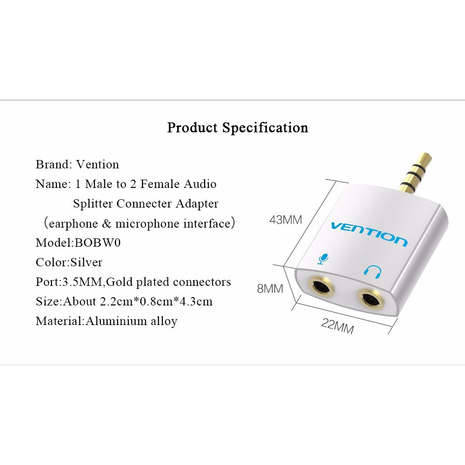 Vention 3.5mm Audio Splitter Connector 1 Male to 2 Female Adapter