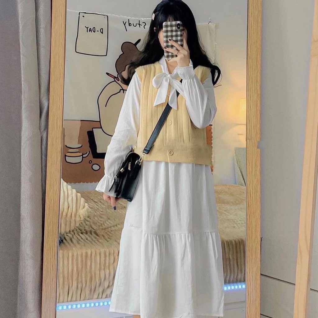 Giá Sỉ Siêu Hot -  (New) Váy Babydoll Nữ Dài Tay Buộc Nơ Dáng Suông - Yumi Dress - Đầm Maxi Tay Chun Bèo Tầng