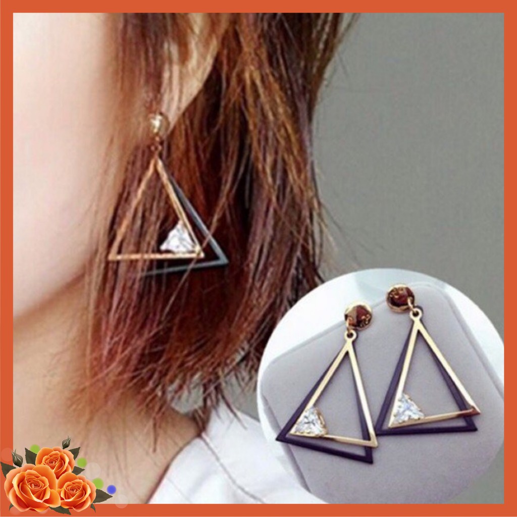 Bông tai zircon hình học khối tam giác đính đá góc sáng tao