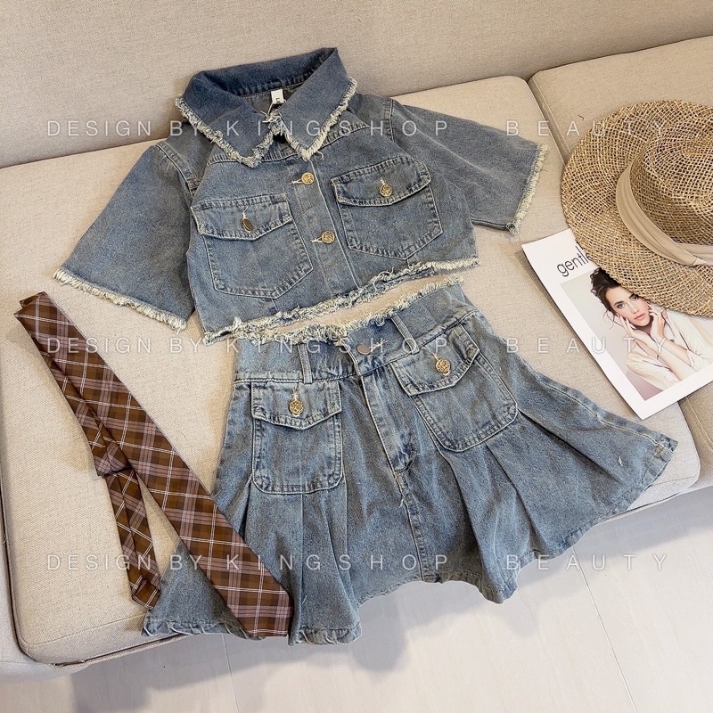 Set áo jeans croptop mix chân váy xếp ly nắp túi tua viền siêu hot-sét bộ đồ đi chới chất bò dáng ngắn váy ngắn hàn quốc