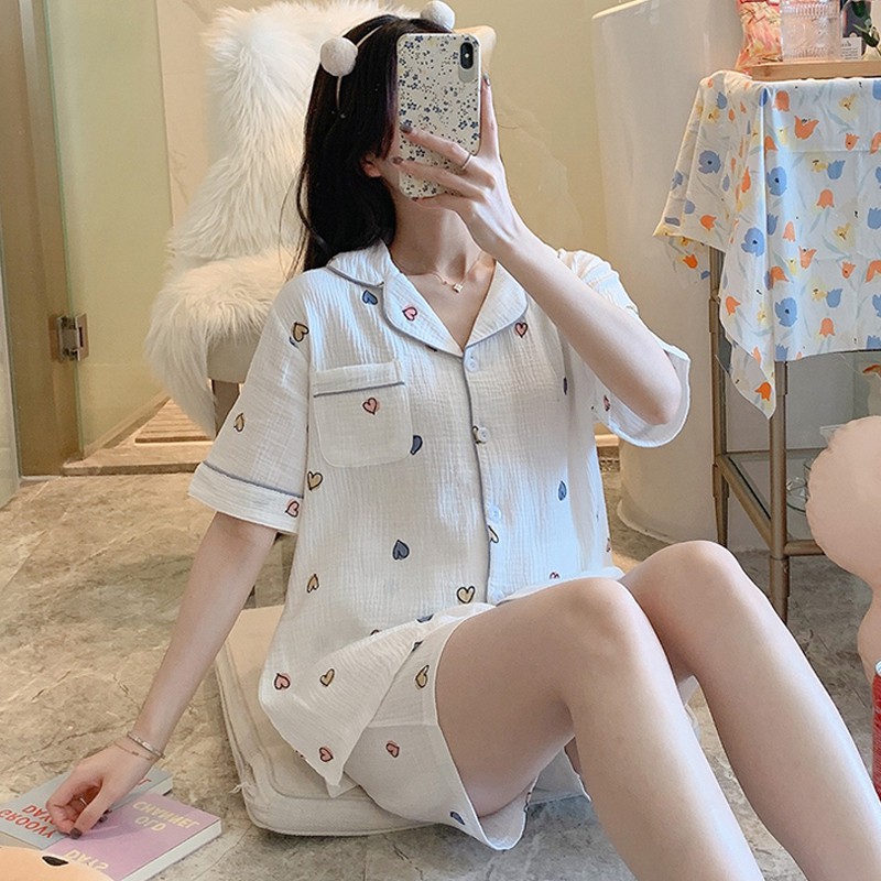 Đồ ngủ & Đồ mặc nhà✸☸✥Bộ pijama nữ cotton mùa hè 2021 Gạc Nhật mới tay ngắn xuân thu đông plus size phục vụ tại nhà