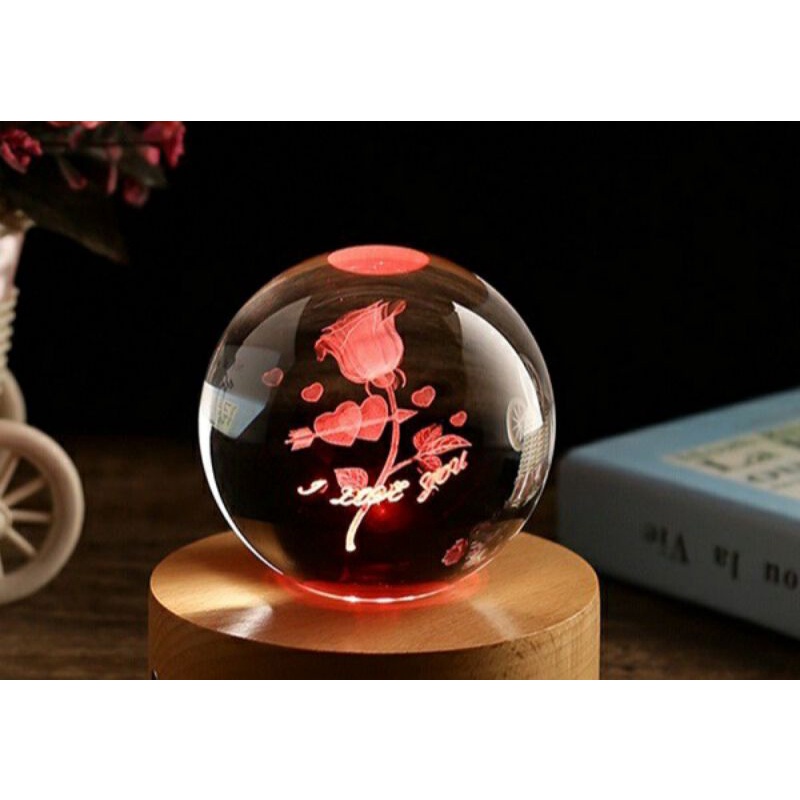 Quà tặng pha lê 🎁🎁 Bộ Quả Cầu khắc 3D hoa hồng I Love You led