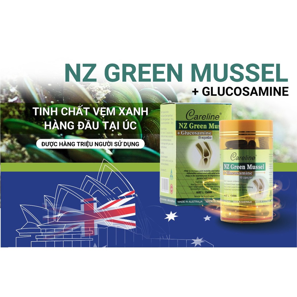 Bổ Xương Khớp Glucosamin Nz Green Mussel CareLine Của Úc - Hỗ Trợ Tăng Chất Nhầy Dịch Khớp, Giảm Đau Mỏi Xương Khớp