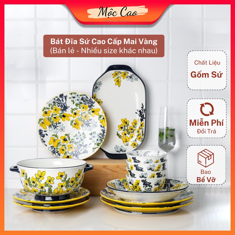 Bát sứ, bát đĩa đẹp họa tiết mai vàng, bát đĩa đẹp quà tặng tân gia - Bát đĩa decor cao cấp