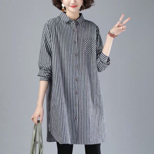 Thanh lý áo sơ mi sọc xuôi lai bầu Korea