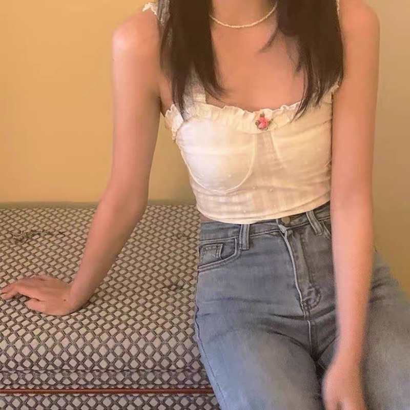 Áo/Váy Hai Dây Xoắn Biên Trắng Croptop Hoa Hồng Xinh Xắn