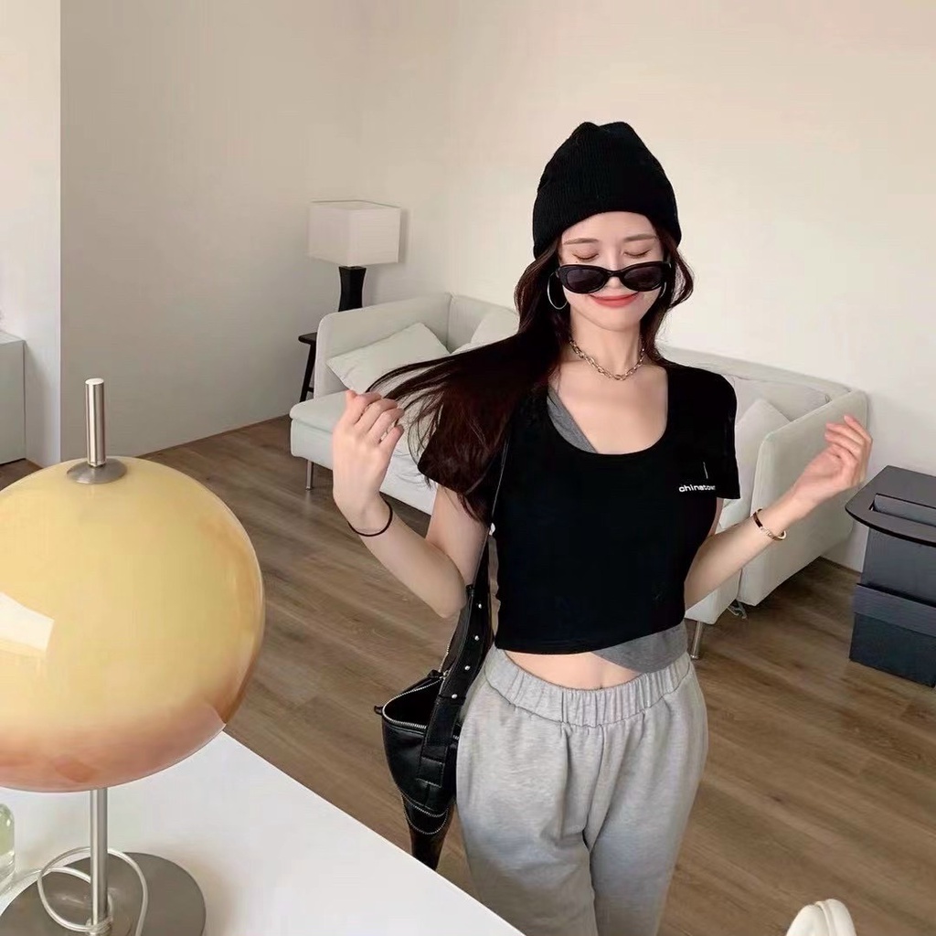 Áo Croptop tay ngắn vạt áo chéo phối màu cách điệu đẹp ( ảnh thật 100% )