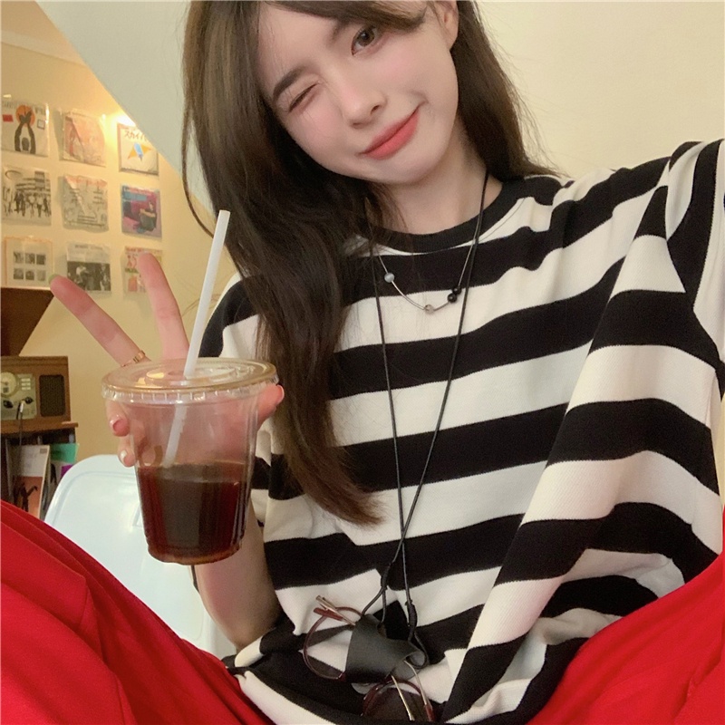 Áo thun SUXI cổ tròn dáng rộng họa tiết kẻ sọc thời trang mùa hè phong cách vintage cho nữ