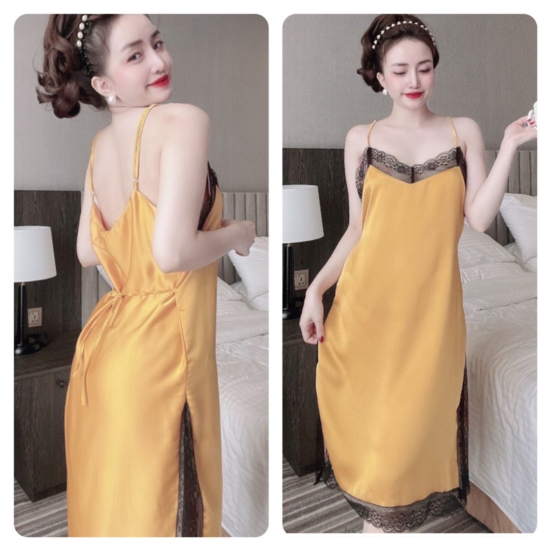 Váy Ngủ Nữ Biagsize, Đầm Ngủ Nữ lụa 2 Dây Sexy Nữ, lụa satin phối ren, Freesize 40_70kg, tuỳ chiều cao