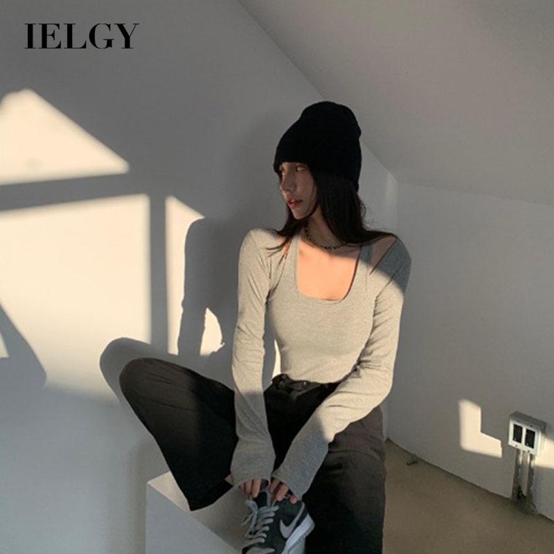 Áo thun IELGY tay dài màu trơn phong cách retro cho nữ