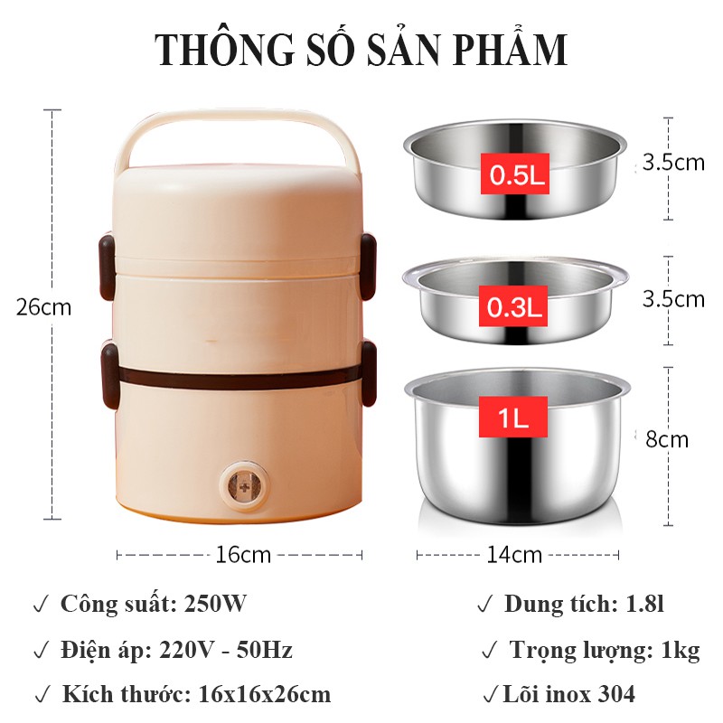 Hộp Cơm Cắm Điện Hộp Cơm Hâm Nóng Inox 3 Tầng  Đa Năng Tự Nấu Chín Cho Dân Văn Phòng, Học Sinh vtm