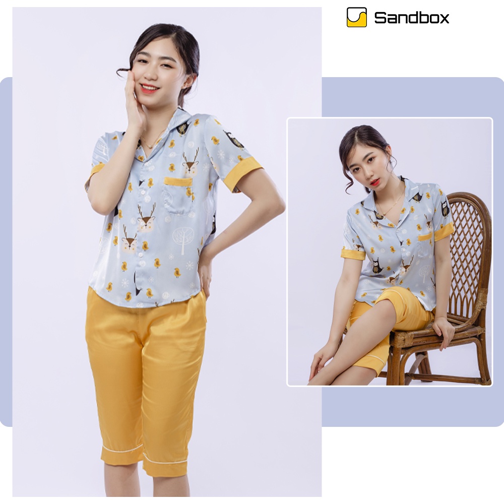 Bộ Pijama Nữ SANDBOX Chất Lụa Satin Nhật Cao Cấp Áo Cộc Tay Quần Lửng Họa Tiết Độc Đáo BLL22002