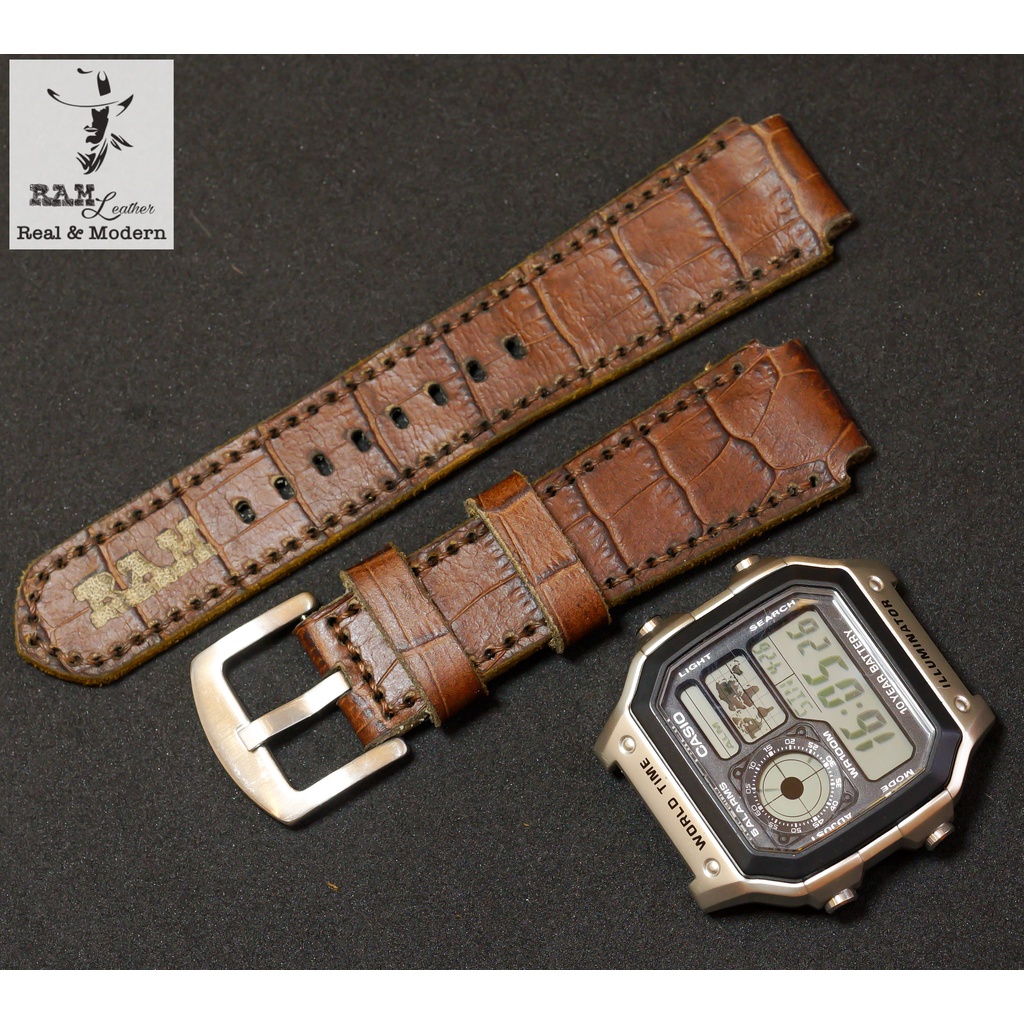 Dây Casio AE 1200 da bò vân cá sấu RAM Leather 1928 - tặng khóa chốt và cây thay dây