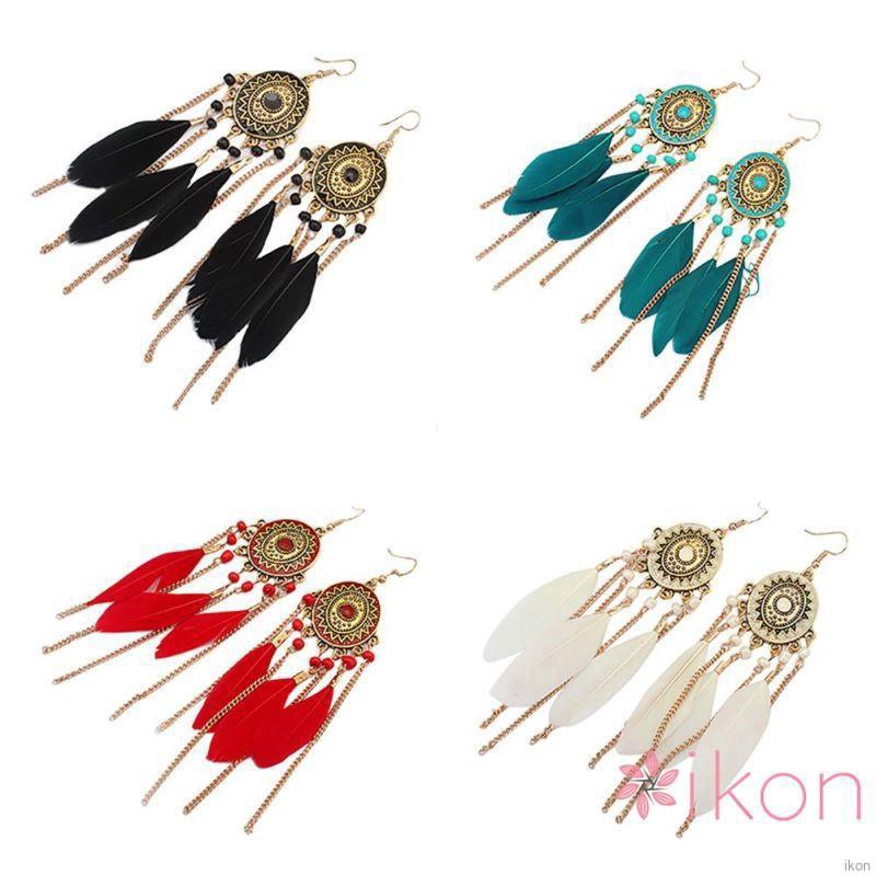 Women Vintage Ethnic Style Fringed Feather Tassel Earrings Bohemian Jewelry