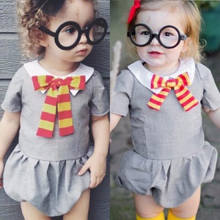 Bộ Romper nơ cổ màu xám