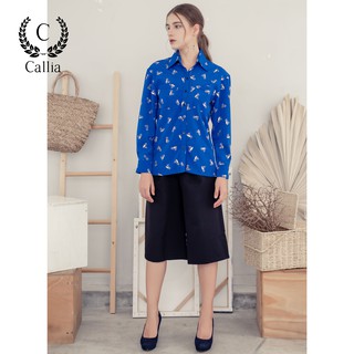 Áo sơ mi nữ Callia Cici tay dài 2 túi hoạ tiết hoạt hình (Xanh/ Kem)