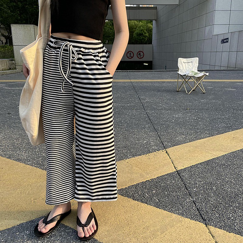 Quần Dài Lưng Thun Dáng Rộng Họa Tiết Kẻ Sọc Thời Trang Mùa Hè Phong Cách Hàn Quốc Cho Bé Gái