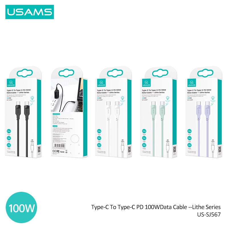 Usams Dây Cáp Sạc Nhanh PD 100W 6A Type C Có Đèn LED