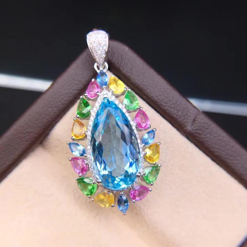 Vòng cổ Mặt Đá Quý Hình Giọt Nước Màu Xanh Dương Pt950 Platinum San Maria-JHS2-P