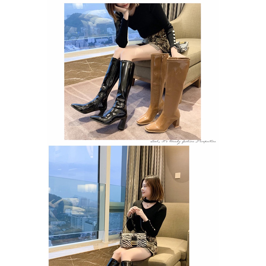 Bốt - Boots bóng da cao đùi gót 7p khóa kéo sẵn