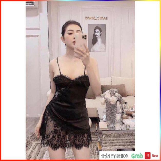 Váy Ngủ 2 Dây Chất Lụa Phối Ren Cao Cấp - Đầm Ngủ Sexy Có Kèm Quần + Mút Ngực Gợi Cảm Quyến Rủ | Hân Fashion