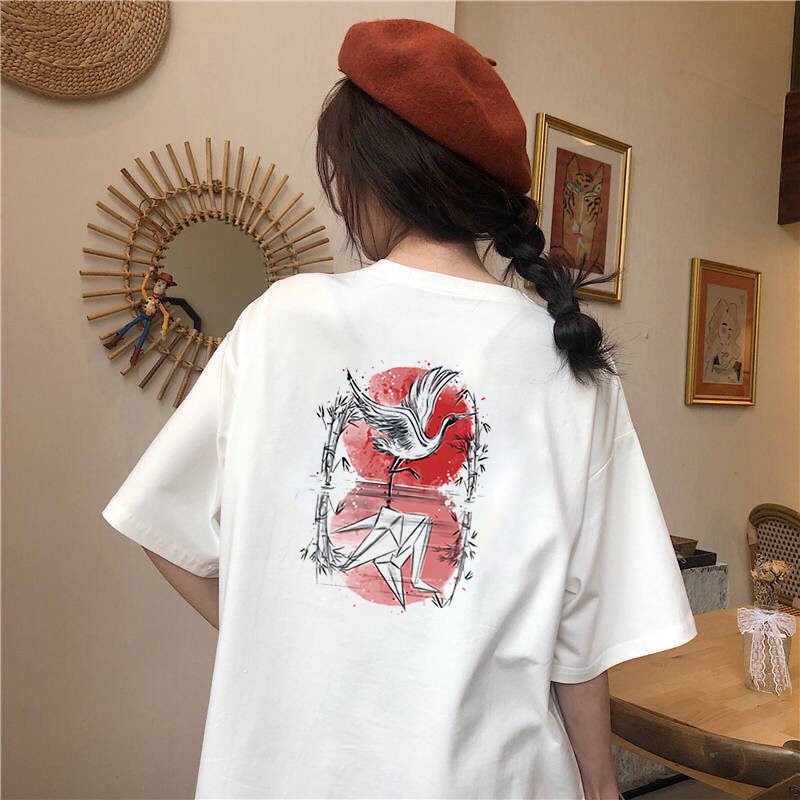 Áo thun tay lỡ form rộng họa tiết chim hạc phong cách Nhật Bản vải dày mịn 2020T2479
