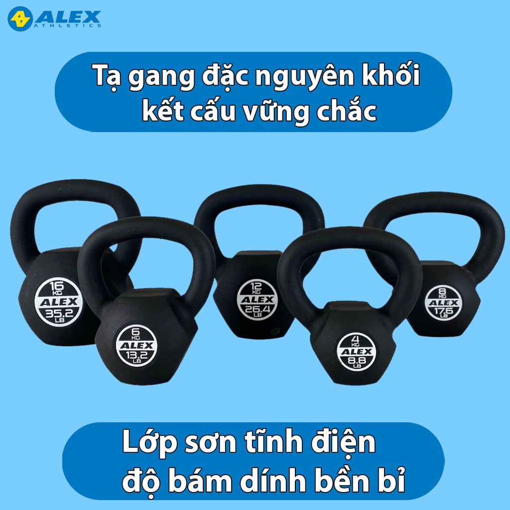 Tạ Ấm Kettlebell 16Kg ALEX Cao Cấp, Gang Nguyên Khối Sơn Tĩnh Điện, Tạ Bình Vôi Tập Gym Squat